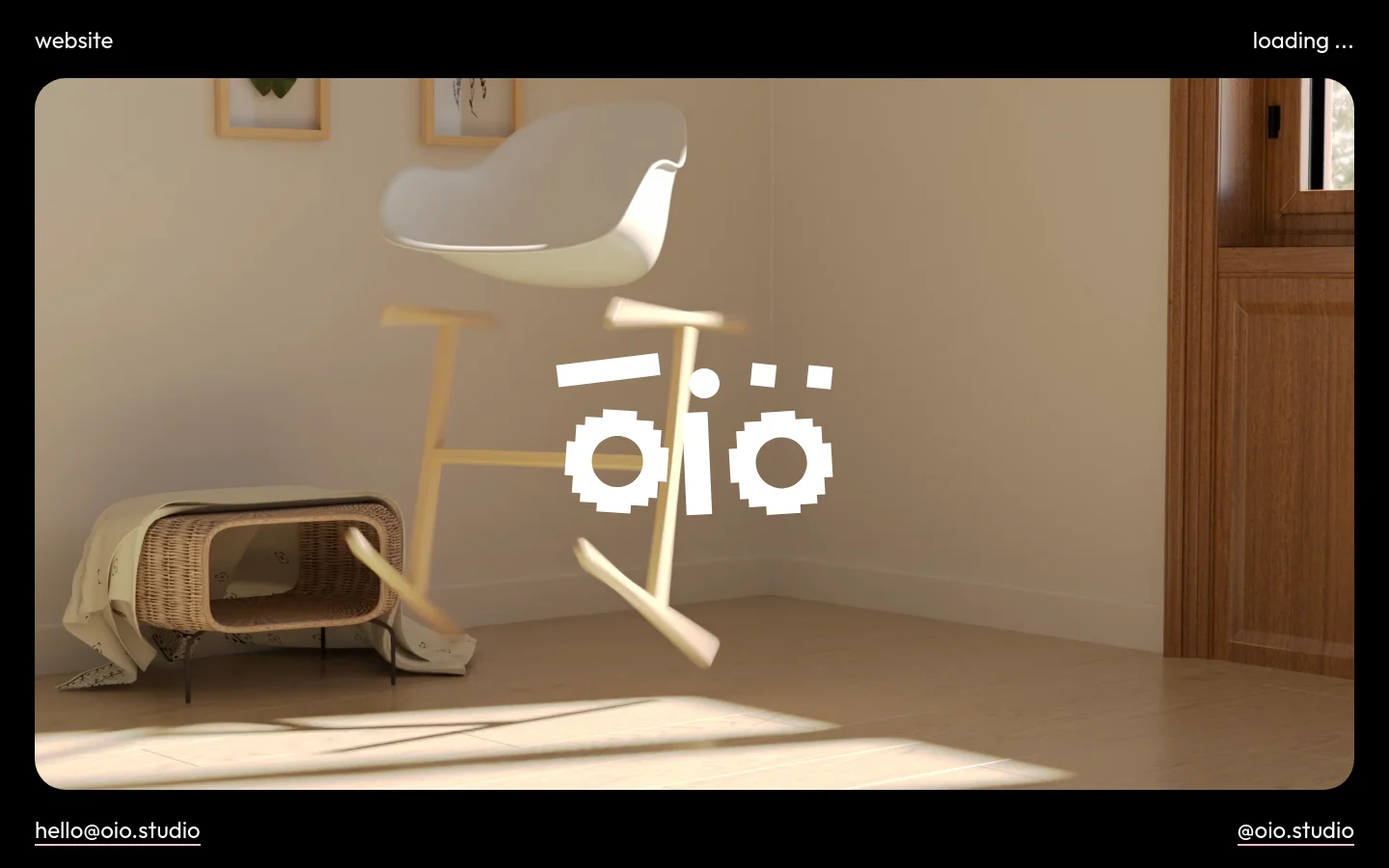 A minimalist website homepage featuring a large, centered white logo 'oio' against a soft-lit, beige-toned 3D interior scene with a floating white chair. The layout is clean with 'website' in the top left, 'loading...' in the top right, and contact links at the bottom corners. The dominant colors are warm neutrals and white.