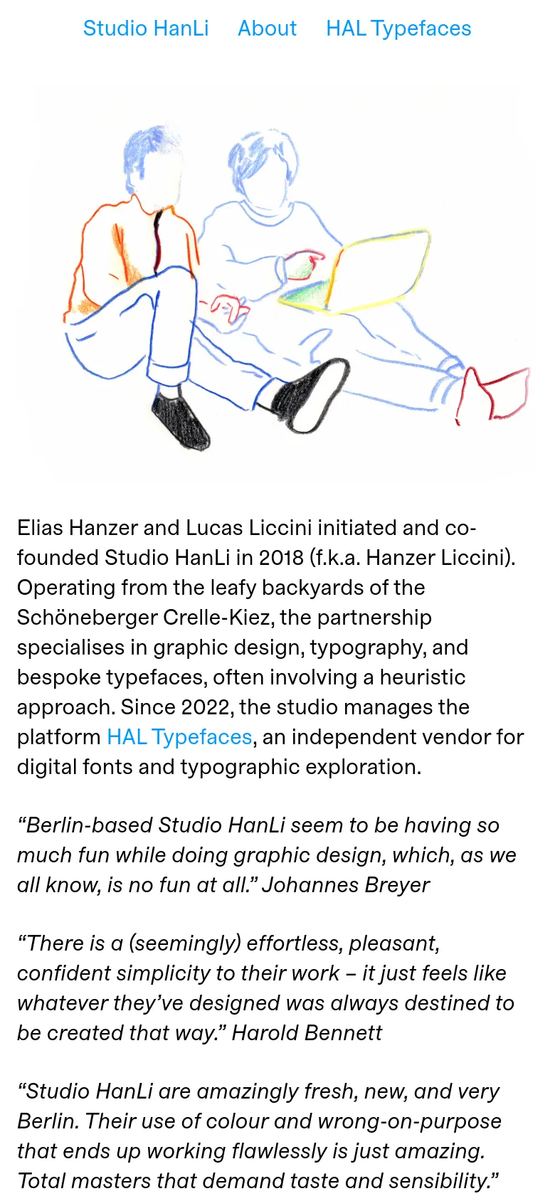 The mobile version presents a simplified vertical layout with navigation links stacked on the left side. The central line drawing and text content are scaled down to fit the narrow viewport, maintaining the clean white aesthetic and high-contrast typography.