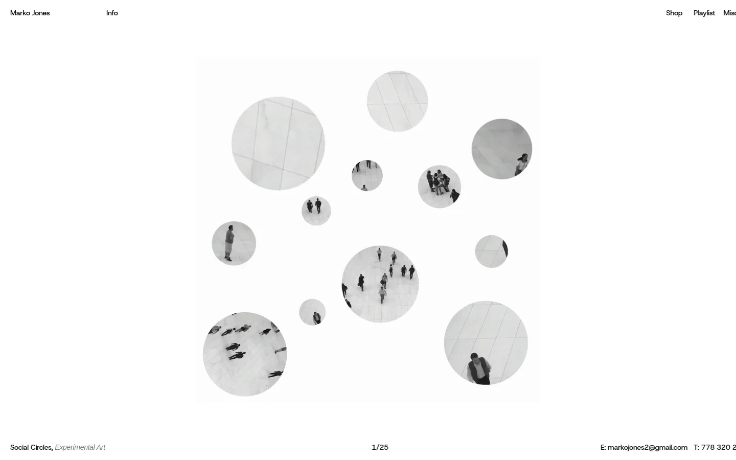 The desktop homepage features a minimalist white layout with a navigation bar containing 'Marko Jones', 'Info', 'Shop', 'Playlist', and 'Misc'. The hero section displays a large, centered collage of black and white circular photographic vignettes showing people in various settings. A footer contains contact information and social links.