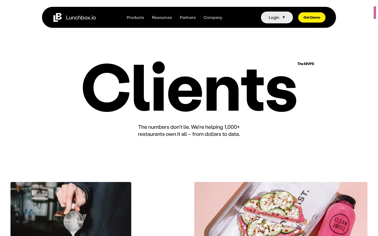 The desktop page features a clean, white background with a black navigation bar containing the Lunchbox logo and links for Products, Resources, Partners, and Company, alongside 'Login' and 'Get Demo' buttons. The hero section displays a large, bold black headline reading 'Clients' with the subtext 'The numbers don't lie. We're helping 1,000+ restaurants own it all – from dollars to data.' Below the hero, a grid of case studies begins, showing high-quality food photography and brand names like Summit Coffee.