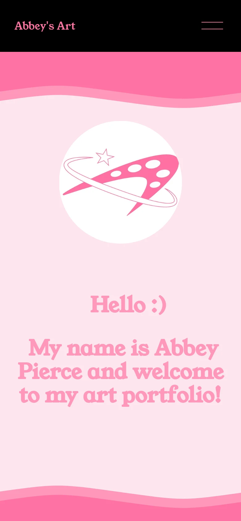 The mobile version uses a black header with 'Abbey's Art' on the left and a hamburger menu icon on the right. The content is vertically stacked on a pink wavy background, featuring the circular pink palette logo centered above the large pink introductory text.