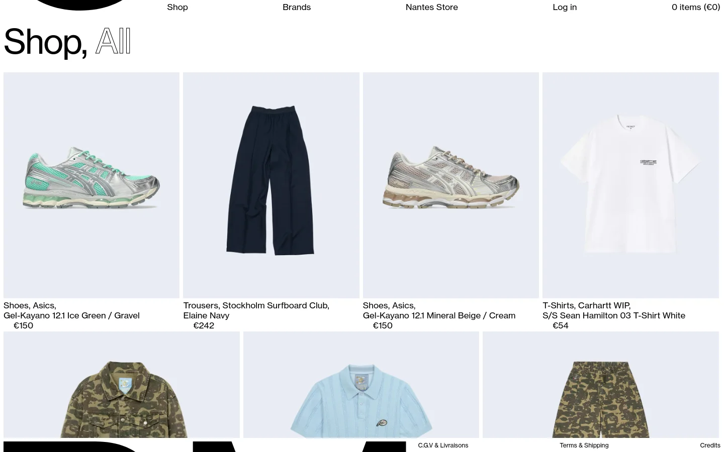 The desktop shop page features a minimalist white and light gray design with a top navigation bar. A large 'Shop, All' headline sits above a grid of product images including sneakers, trousers, and t-shirts, each labeled with the brand, item name, and price.