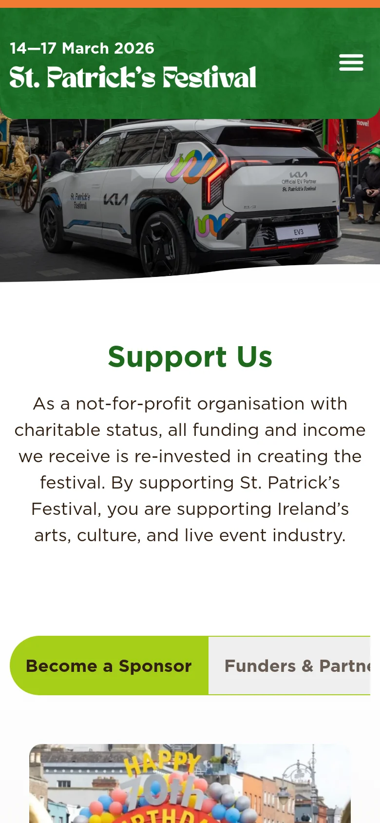 The mobile version uses a condensed green header with a hamburger menu icon and the festival logo. The hero image of the branded Kia car is scaled down, and the 'Support Us' headline and text are centered. Navigation is simplified into a prominent, large green and grey pill-shaped button bar for 'Become a Sponsor' and 'Funders & Partners' located below the introductory text.