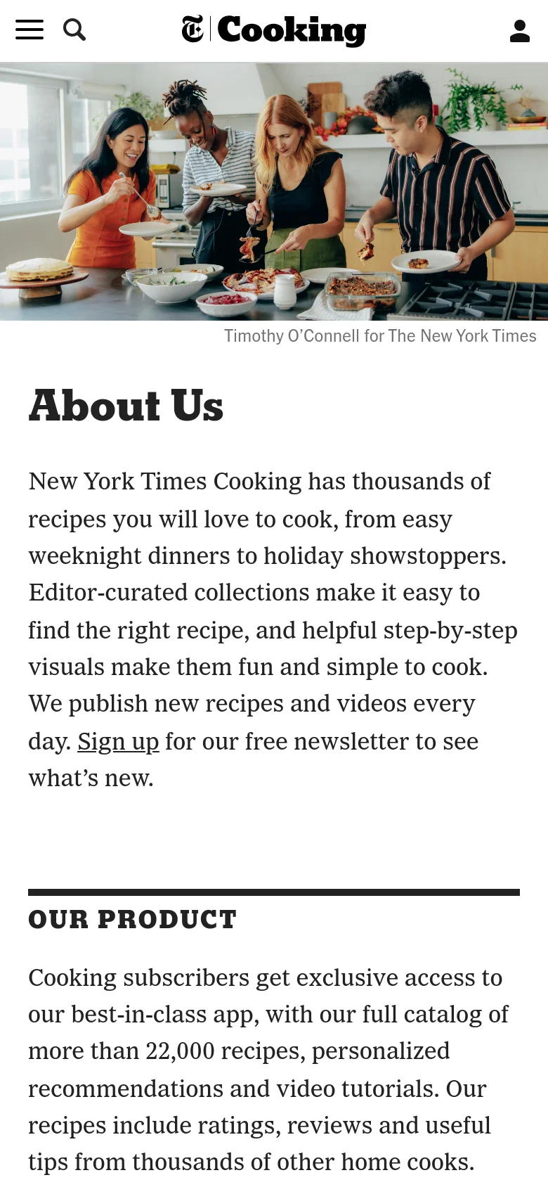 The mobile version presents a vertical layout starting with a full-width hero image of people cooking, followed by the 'About Us' headline and text. The 'Our Product' section follows below, with the App Store and Google Play buttons stacked vertically. The header is condensed into a hamburger menu, a search icon, the logo, and a user profile icon.
