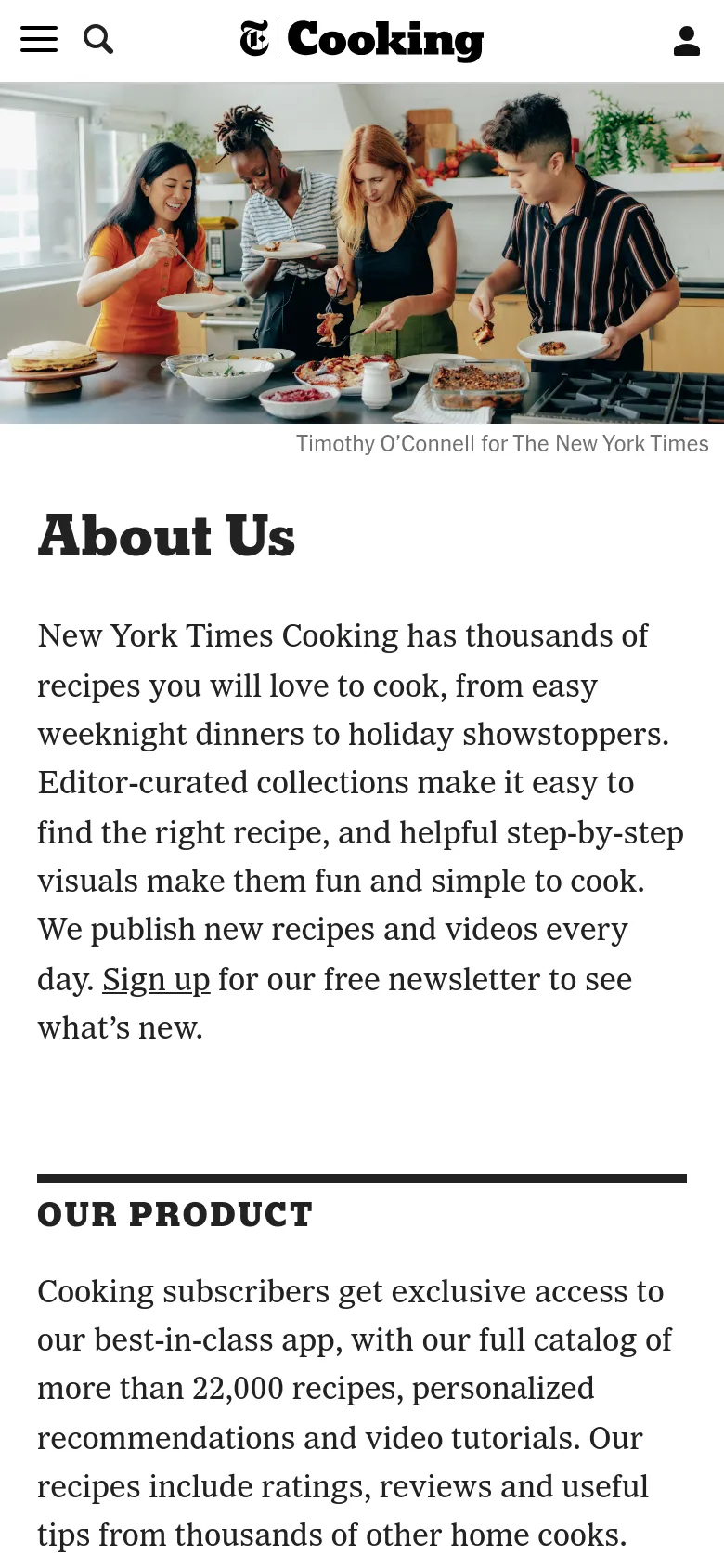 The mobile version presents a vertical layout starting with a full-width hero image of people cooking, followed by the 'About Us' headline and text. The 'Our Product' section follows below, with the App Store and Google Play buttons stacked vertically. The header is condensed into a hamburger menu, a search icon, the logo, and a user profile icon.