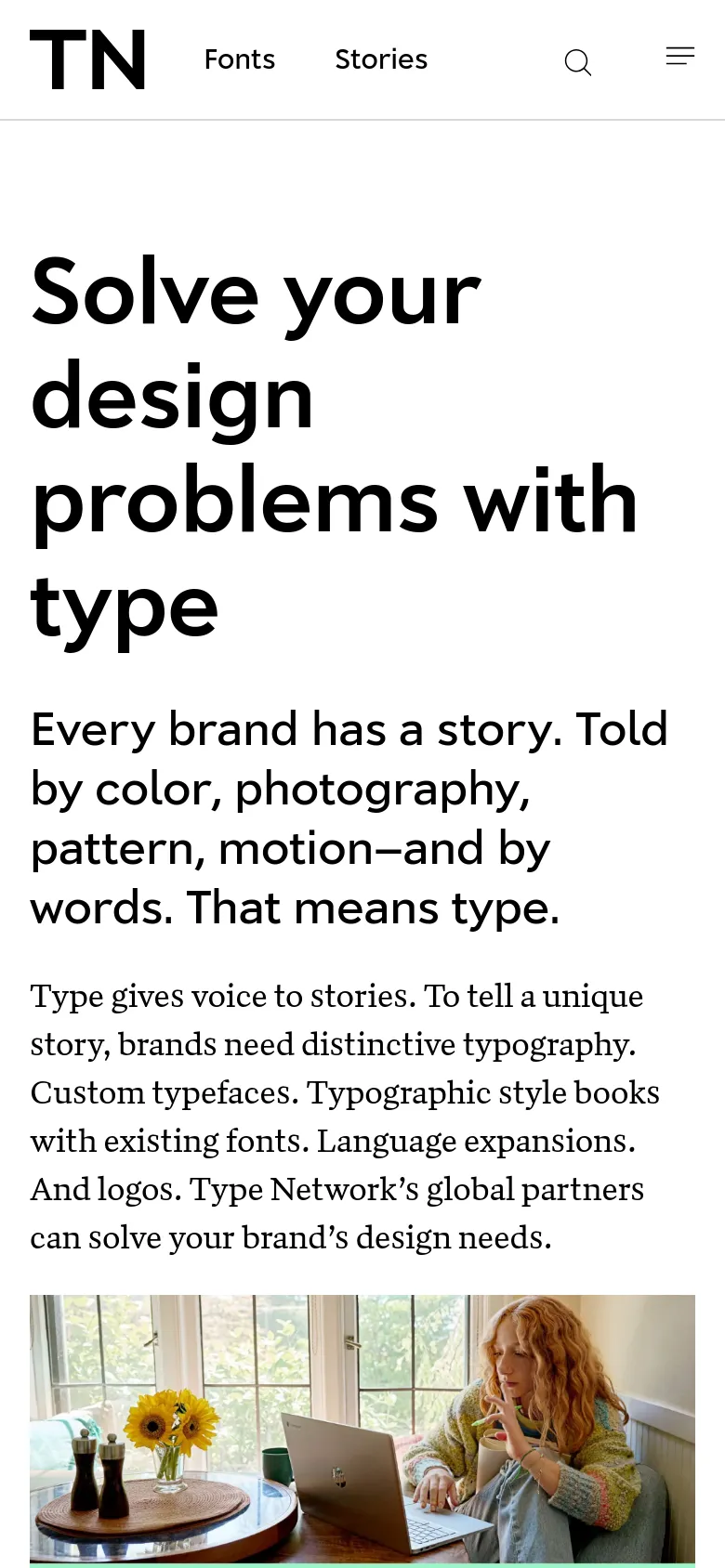 The mobile version uses a single-column vertical layout, placing the large headline 'Solve your design problems with type' at the top, followed by the introductory text and then the hero image. The navigation is condensed into a hamburger menu icon next to a search icon, and the service sections stack vertically for easier scrolling.