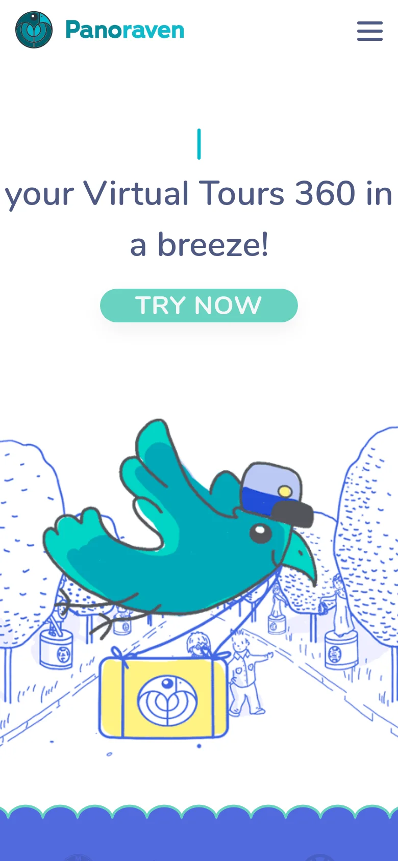 The mobile version displays a simplified layout with a hamburger menu icon in the top right and the Panoraven logo. The headline and 'TRY NOW' button are centered, followed by a large, zoomed-in version of the teal bird and blue line-art illustration that fills the lower half of the screen.