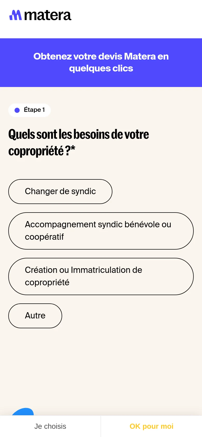 The mobile version uses a single-column vertical layout on a light beige background. The blue sidebar is removed, placing the headline and the four large selection buttons directly at the top of the screen for easier scrolling. A cookie consent banner is visible at the bottom of the viewport.