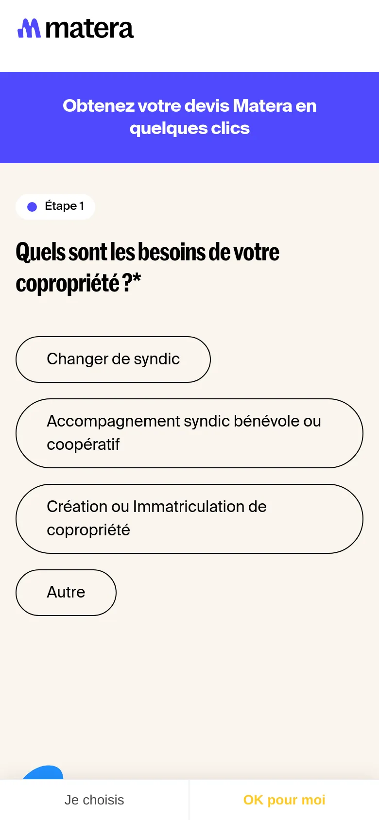 The mobile version uses a single-column vertical layout on a light beige background. The blue sidebar is removed, placing the headline and the four large selection buttons directly at the top of the screen for easier scrolling. A cookie consent banner is visible at the bottom of the viewport.