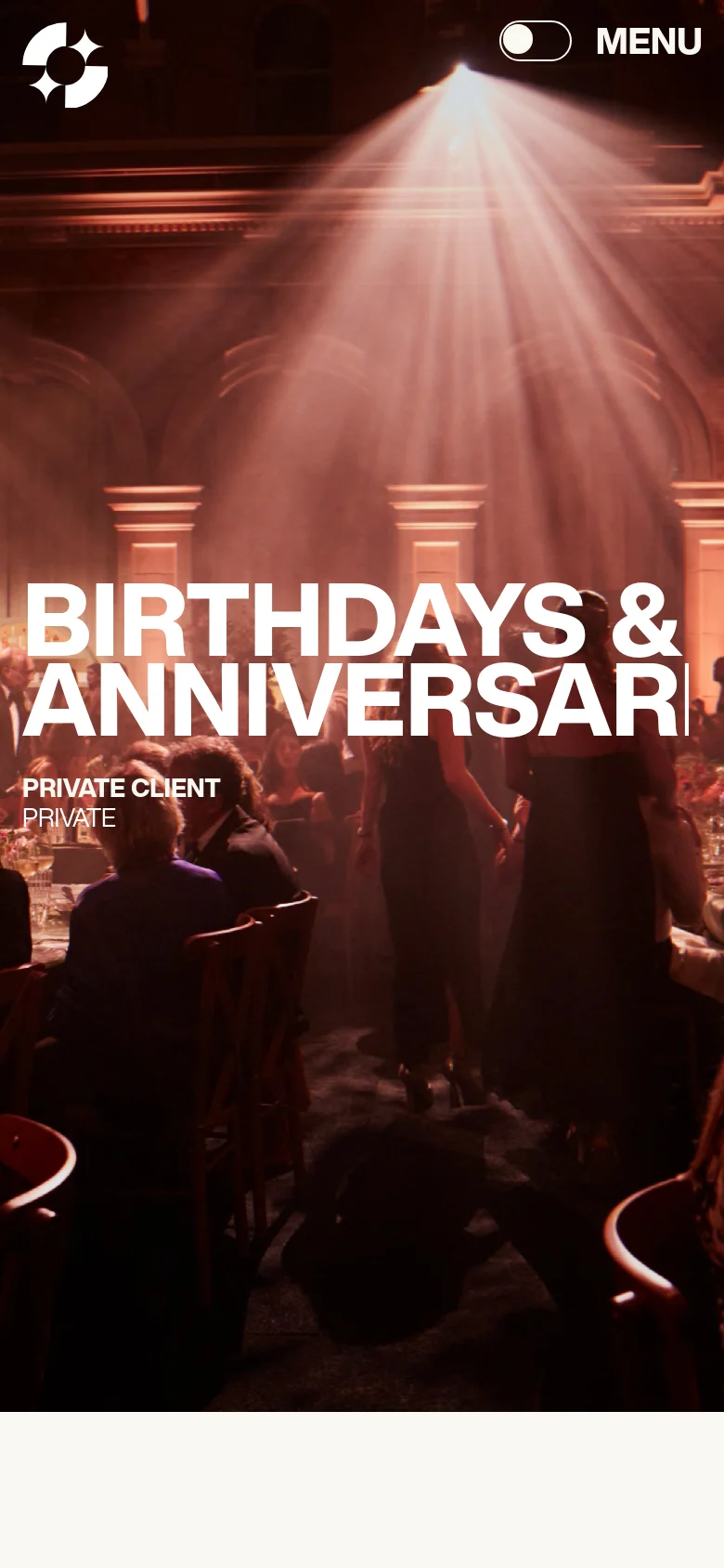 Goodnight mobile event page featuring a stacked layout with a large hero image of a luxury party. The typography is centered and oversized, covering the central image, with a simplified navigation menu and toggle at the top.
