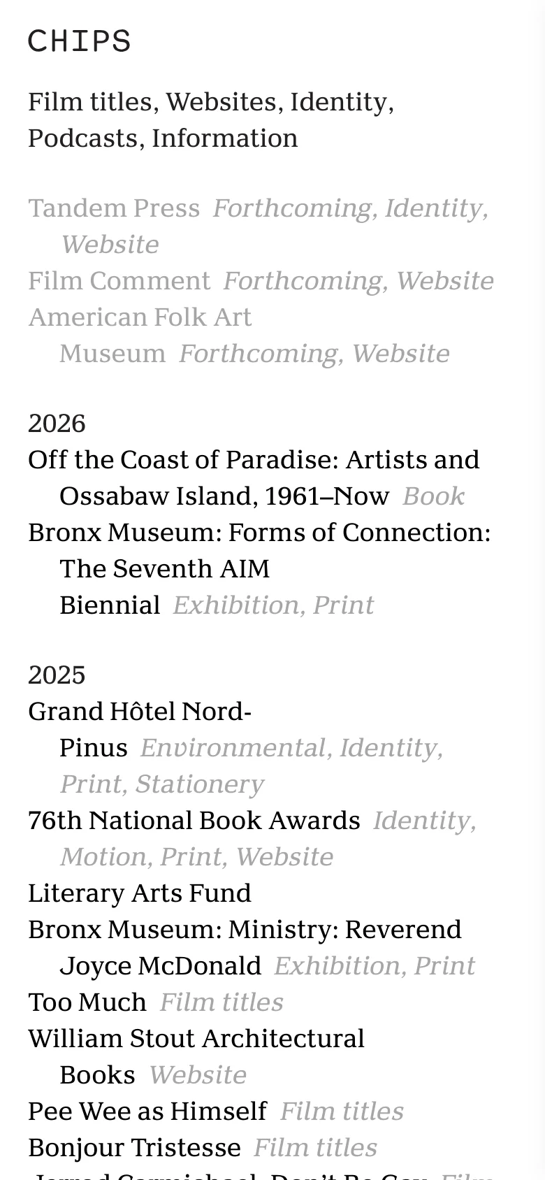 The mobile version maintains the minimalist, text-based aesthetic but uses a single-column layout for easier scrolling. The navigation links and project lists are stacked vertically, ensuring readability on a smaller screen.