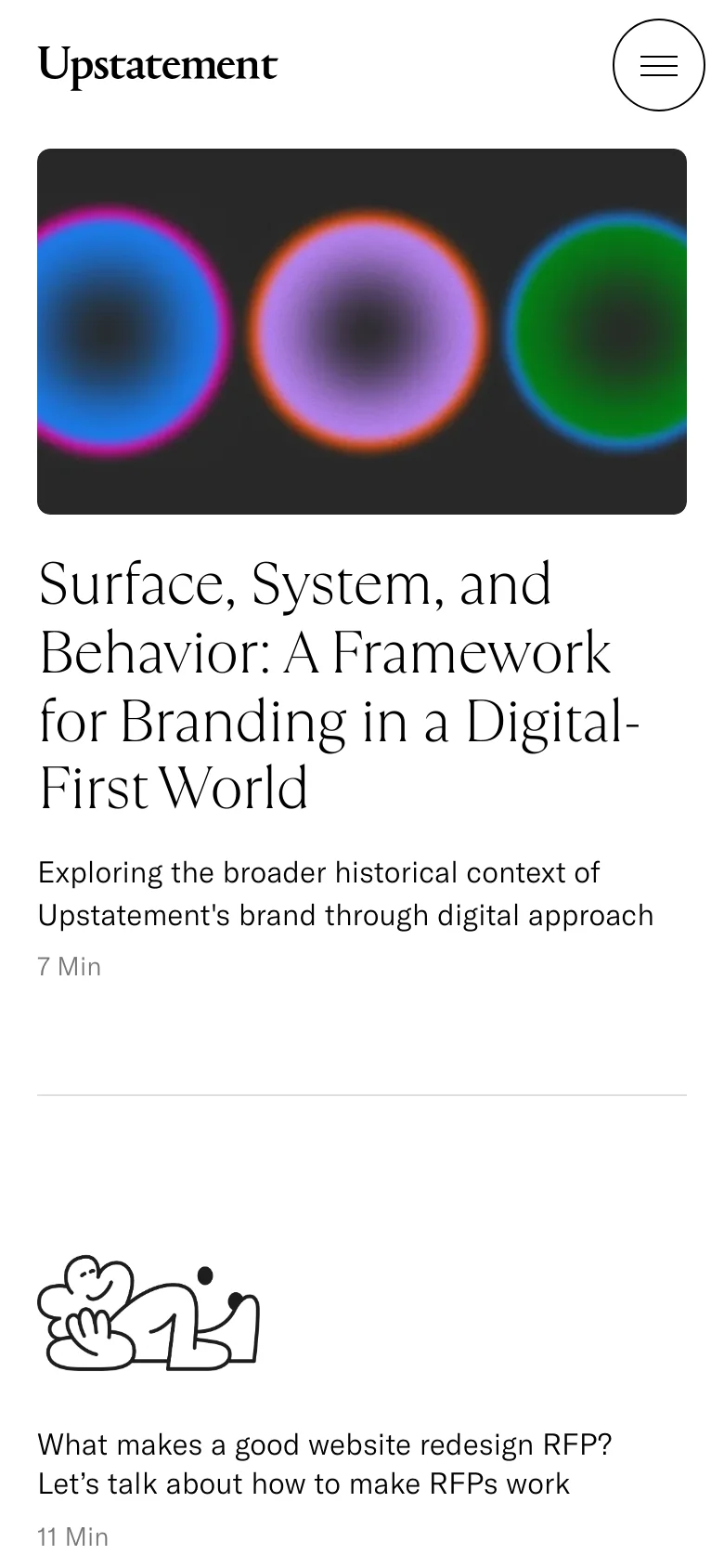 The mobile view maintains the clean white aesthetic but stacks the content vertically. The large hero image of colorful glowing orbs appears at the top, followed by the main article headline and description, with the secondary article and its line-art illustration positioned further down the scroll.