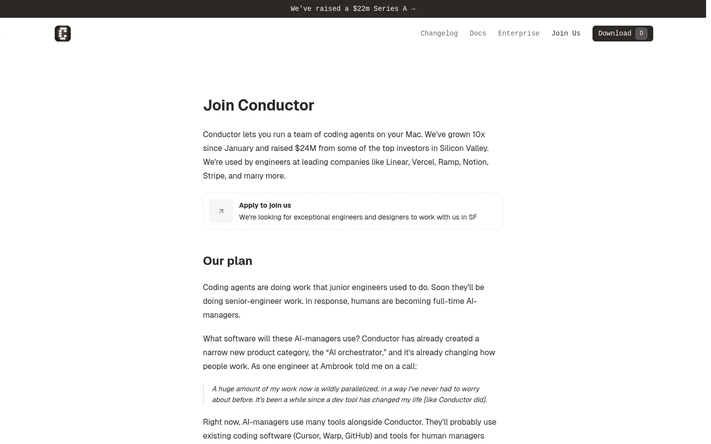 The desktop page features a clean, minimalist white layout with a top navigation bar containing links and a 'Download' button. The hero section displays a large 'Join Conductor' headline followed by introductory text and a prominent white call-to-action card with a 'Apply to join us' link. Below, the 'Our plan' section uses dark text on a white background to detail the company's vision, including a blockquote for a testimonial.