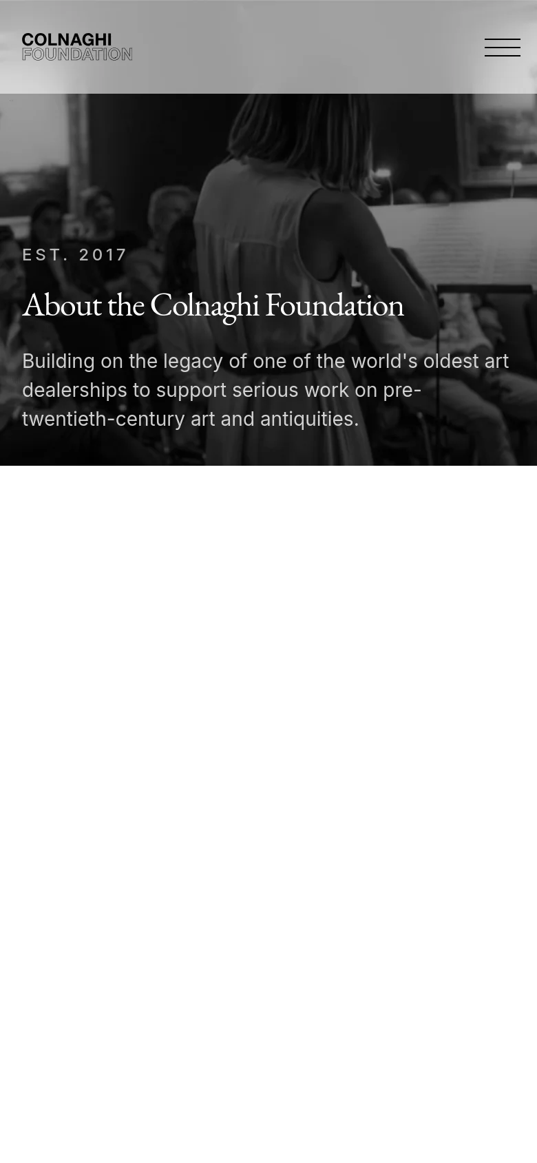 The mobile version simplifies the layout, replacing the top navigation bar with a hamburger menu icon. The hero section features a full-width, darkened background image of people in a scholarly setting with the foundation's mission text overlaid in white. Content is stacked vertically in a single column for easier scrolling on smaller screens.