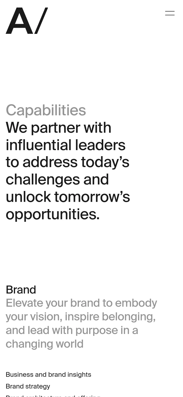 The mobile version maintains the minimalist white and black aesthetic but uses a simplified layout. The 'A/' logo is centered at the top, and the navigation is replaced by a two-line hamburger menu icon on the right. The large typography for the 'Capabilities' headline and subheadline scales to fit the narrower screen width.