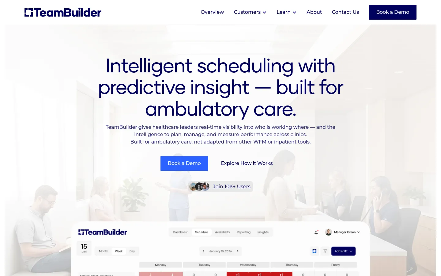 The desktop homepage features a clean, professional layout with a white and light gray color palette. A large hero headline reads 'Intelligent scheduling with predictive insight — built for ambulatory care' above two primary buttons: 'Book a Demo' and 'Explore How it Works.' Below the text, a row of user portraits sits above a screenshot of the TeamBuilder scheduling interface.