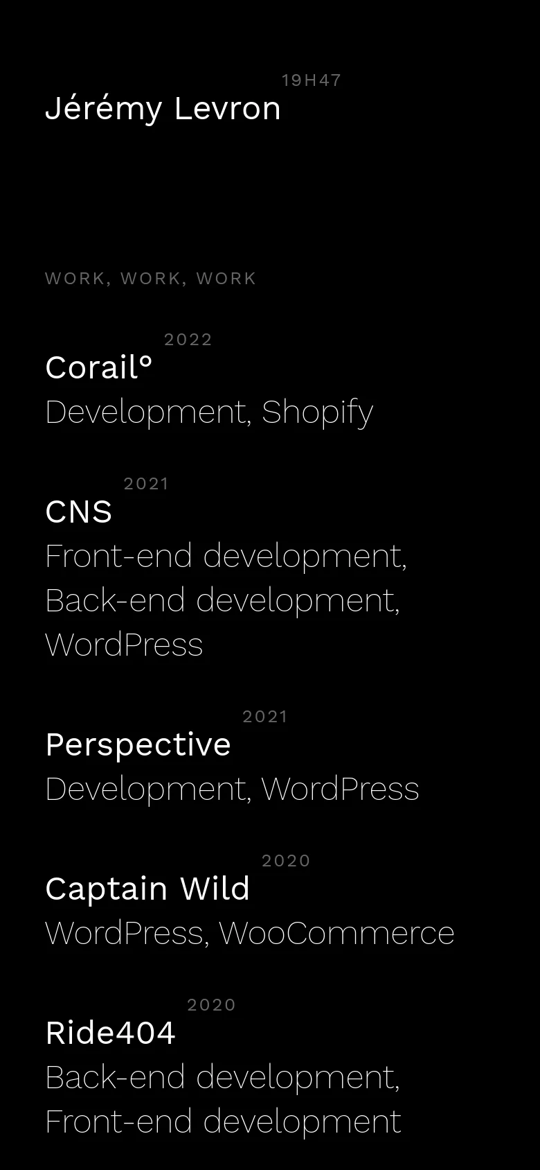 The mobile version maintains the dark aesthetic and vertical list layout of the project archive. The navigation menu is hidden, and the typography is scaled for a single-column view, focusing on the project names and descriptions.