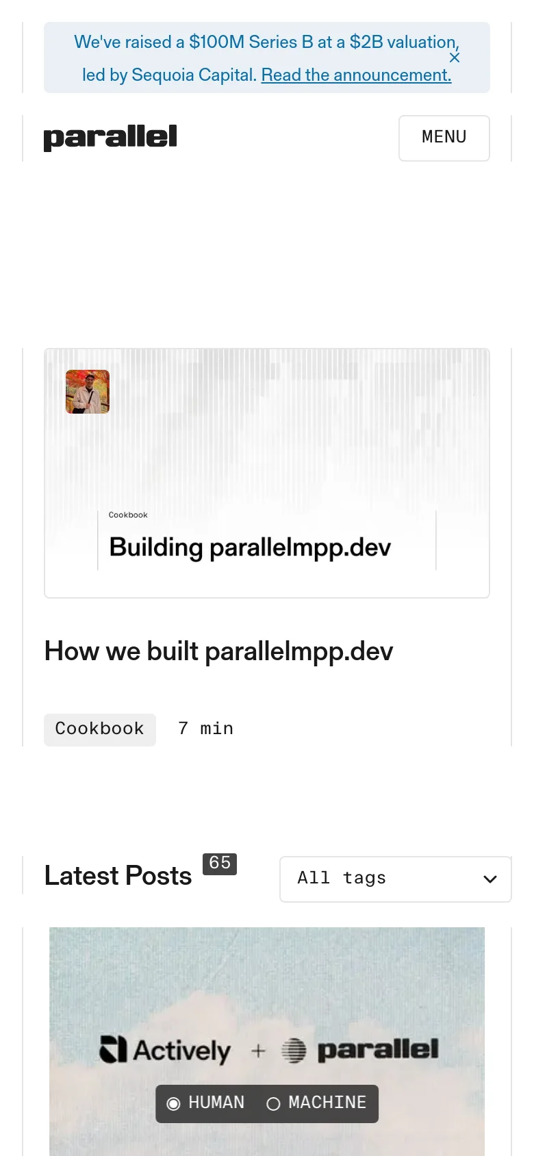 The mobile version simplifies the layout into a single-column vertical stack. The navigation bar is replaced by a 'MENU' button, and the featured article and post cards span the full width of the screen for easier scrolling. The blue announcement banner and typography remain consistent with the desktop view.