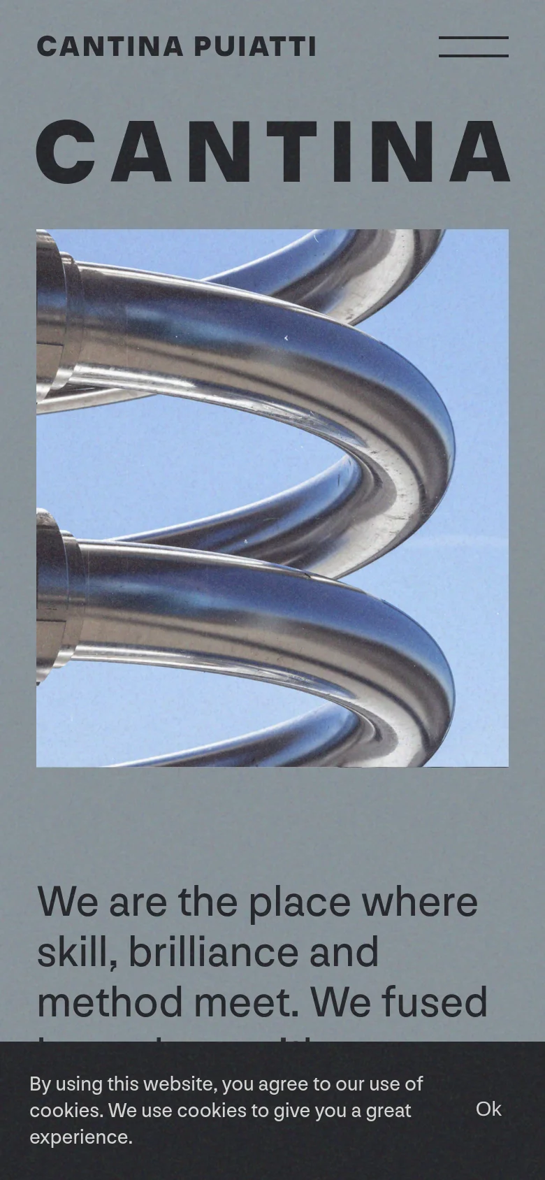 The mobile version presents a stacked layout with the brand name 'CANTINA PUIATTI' and a hamburger menu icon at the top. The large 'CANTINA' headline is followed by a vertically oriented, square-cropped image of stainless steel equipment, with text content appearing below the image.
