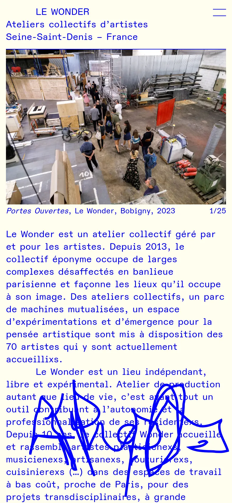 The mobile version presents a single-column layout optimized for vertical scrolling. The large hero image of the workshop appears at the top, followed by the descriptive text, with the navigation menu collapsed into a hamburger icon in the top right corner.
