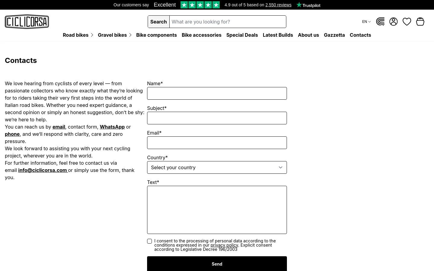 The Contacts page features a clean white background with a navigation menu at the top containing bike categories and a search bar. A contact form is positioned on the right side with fields for Name, Subject, Email, Country, and Text, alongside a black 'Send' button. A Trustpilot rating banner is visible at the bottom of the header area.