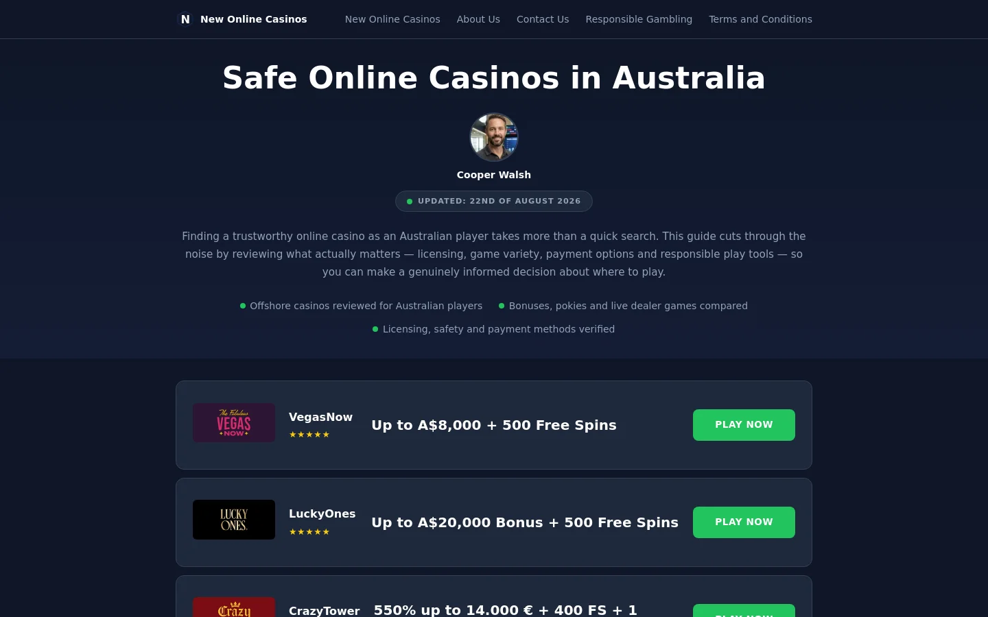 The desktop homepage features a dark blue theme with a large headline 'Safe Online Casinos in Australia' and a circular profile photo of Cooper Walsh. Below the introductory text, a series of horizontal cards display casino logos, star ratings, bonus offers, and green 'Play Now' buttons. The layout is spacious with a clean navigation bar at the top.