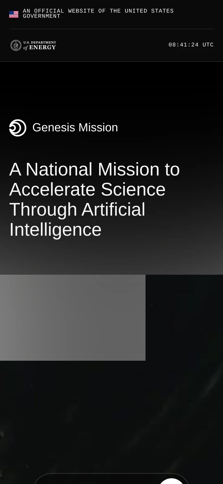 The mobile version presents a vertically stacked layout with the same large headline and starry background, but the text is scaled to fit the narrower screen. The top navigation is simplified, and the cosmic imagery remains the dominant visual element behind the centered text.