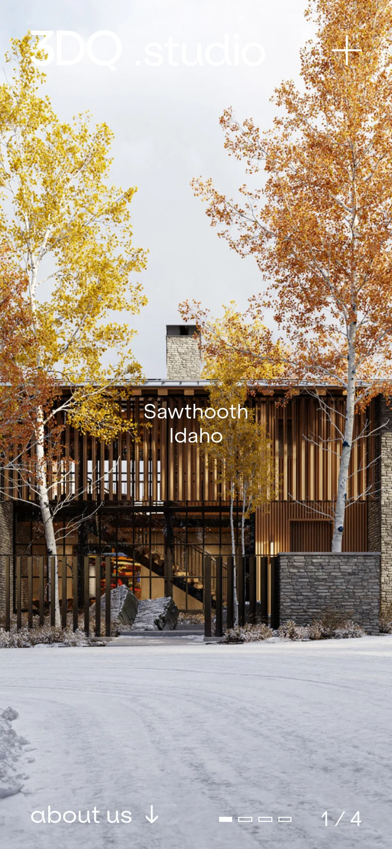 The mobile version displays the same full-screen architectural hero image but with a vertically oriented layout. The '3DQ studio' logo and plus icon are positioned at the top, while the project name 'Sawtooth Idaho' is centered over the house. Navigation elements like 'about us' and the '1/4' pagination are moved to the bottom of the screen.