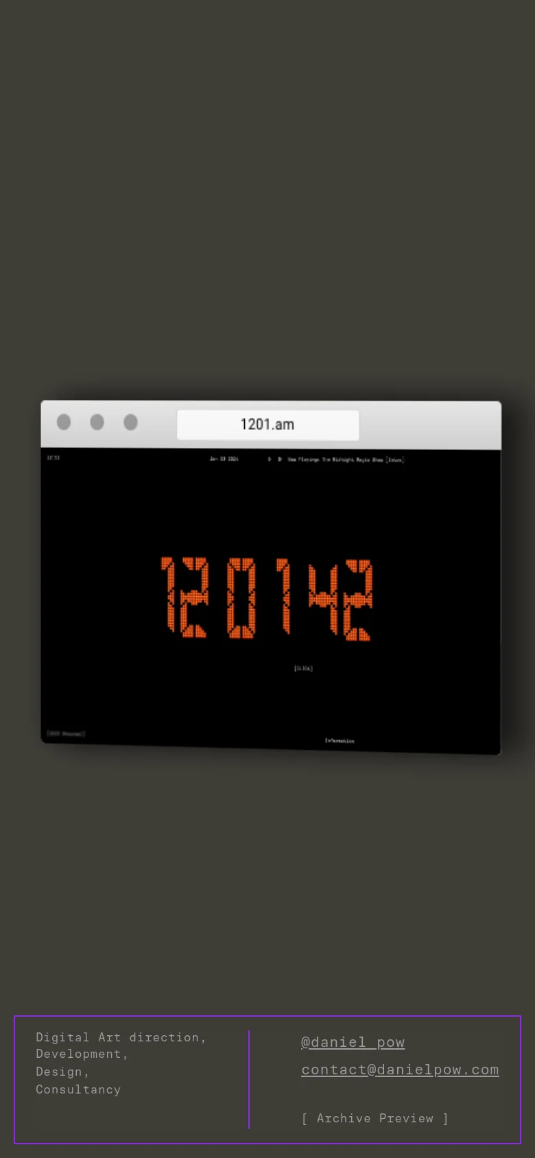 The mobile version maintains the dark theme and minimalist typography but uses a vertical stack layout. The services and client lists are condensed, and the bottom section features a purple-outlined box containing contact information and the Archive Preview link.