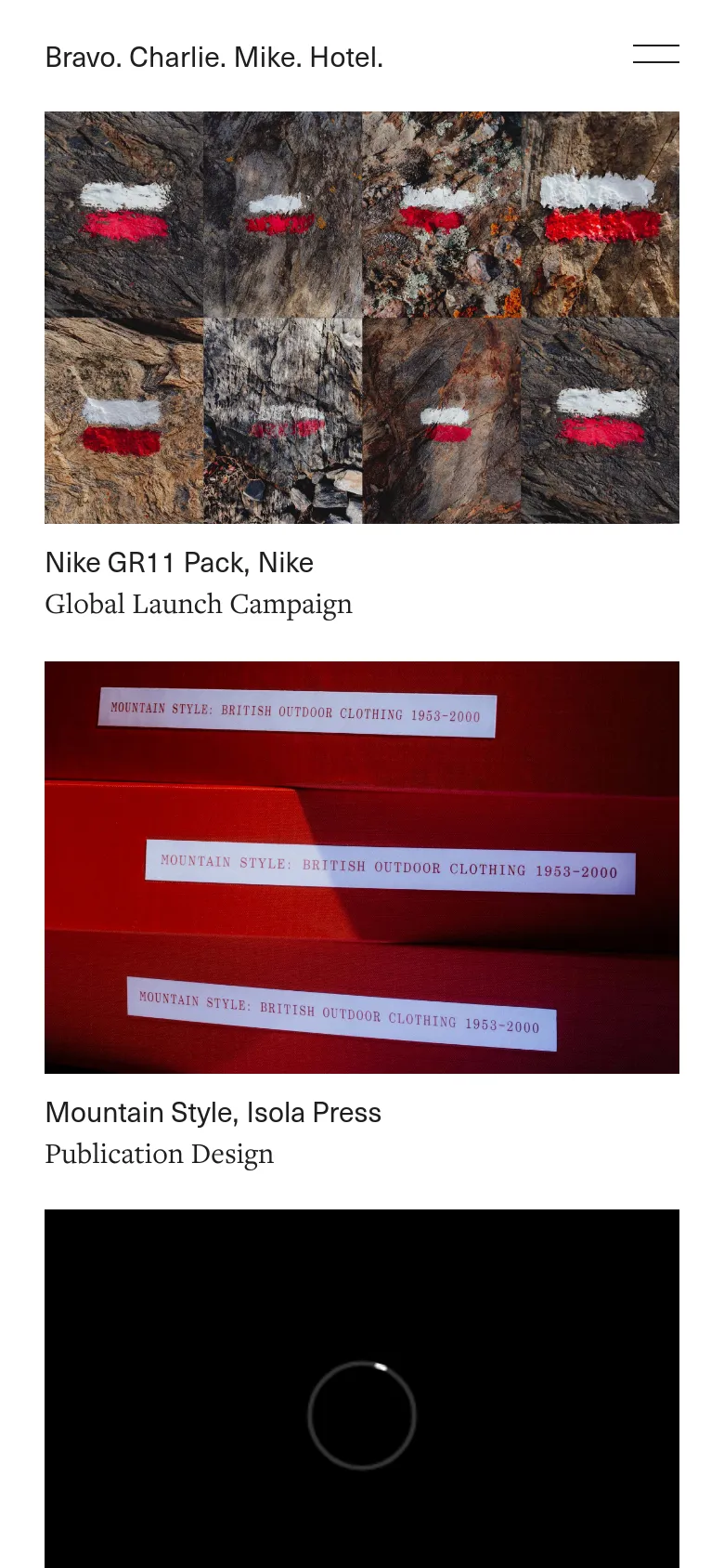 The mobile version maintains the minimalist aesthetic but uses a single-column vertical layout for the project grid. The top navigation is condensed into a hamburger menu icon on the right, and project images and headlines are stacked vertically for easier scrolling.
