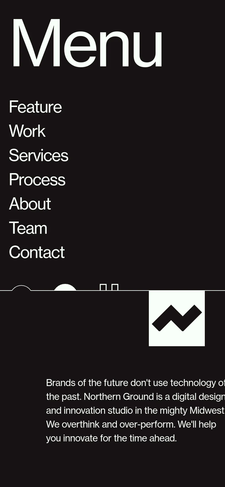 The mobile version simplifies the layout into a vertical stack, focusing on large, readable white text against a dark background. The navigation is condensed into an 'Open Menu' option, and the hero imagery is scaled to fit the narrower screen, maintaining the high-contrast, monochromatic aesthetic of the desktop site.
