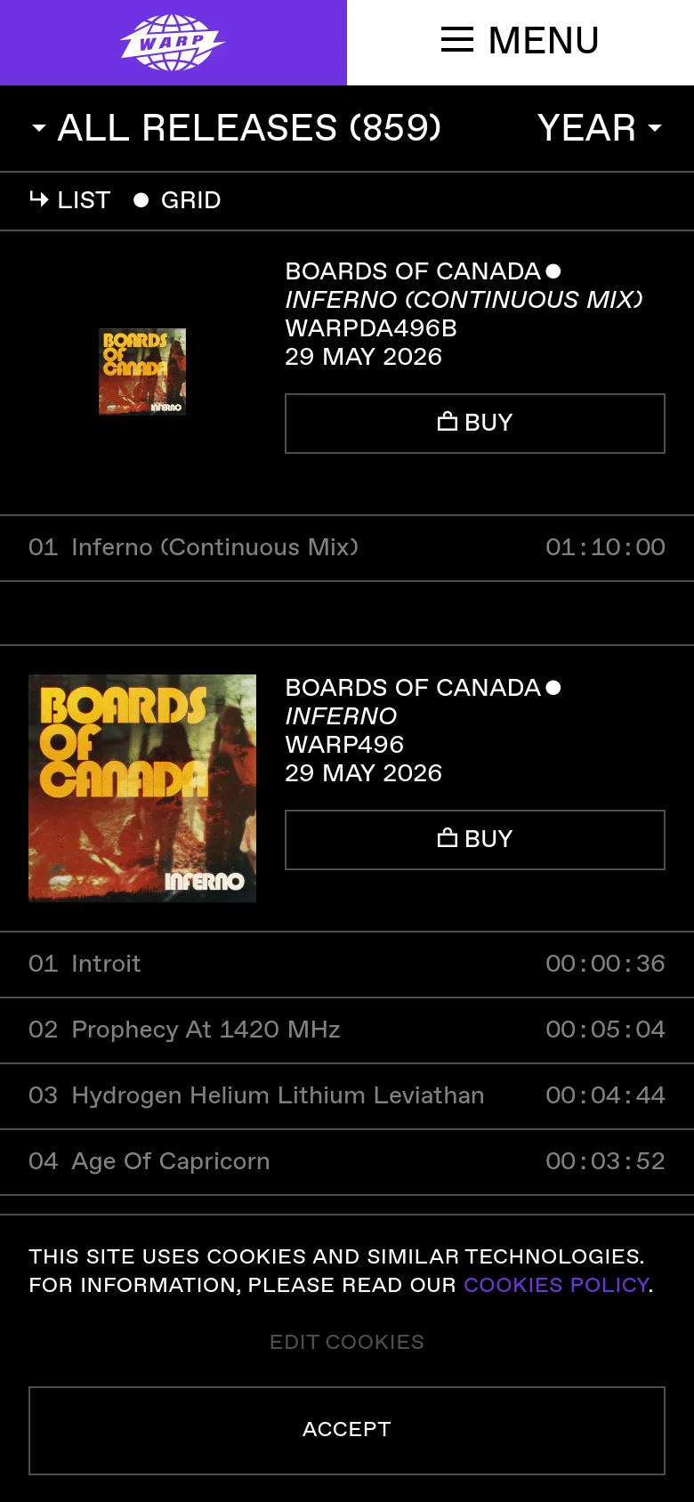 The mobile version presents a simplified vertical layout with a top navigation menu and a prominent 'ALL RELEASES (859)' heading. The content focuses on a single featured release, showing the album art, artist name, and a large 'BUY' button, followed by a vertically stacked list of individual tracks and their durations.