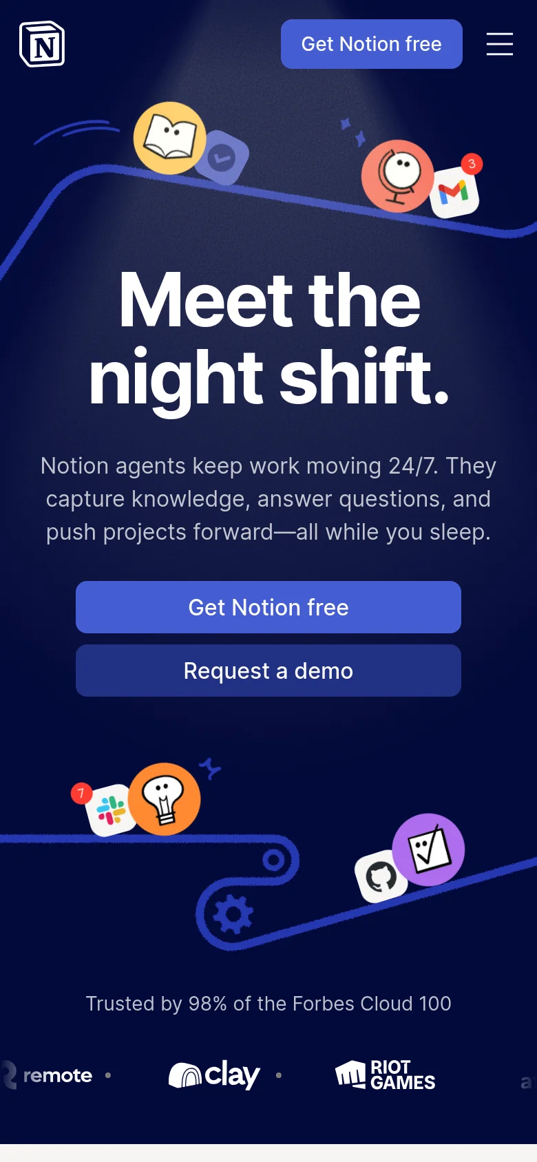 The mobile version presents a vertically stacked layout optimized for small screens, centering the main headline and subheadline. The navigation is simplified, and the primary 'Get Notion free' and 'Request a demo' buttons are prominently displayed in the center. The dark blue theme and floating 3D icons remain, but the interface graphic is removed to focus on the core messaging.