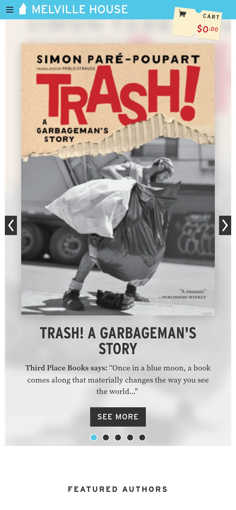 The mobile version presents a simplified, single-column layout focused on a large central image carousel for featured books. The navigation sidebar is replaced by a top header with a hamburger menu, and the shopping cart is prominently displayed as a floating element in the top right corner.