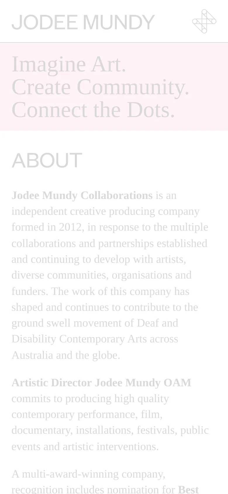 The mobile version maintains the minimalist aesthetic but uses a vertical stack layout. The pink slogan block and 'ABOUT' heading are centered, and the text content is scaled for a narrower screen, prioritizing readability of the company description.