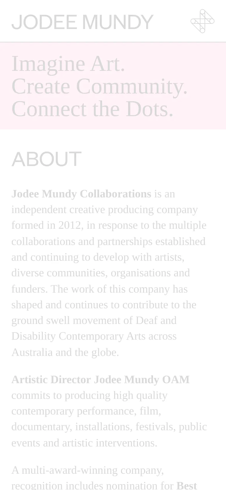The mobile version maintains the minimalist aesthetic but uses a vertical stack layout. The pink slogan block and 'ABOUT' heading are centered, and the text content is scaled for a narrower screen, prioritizing readability of the company description.