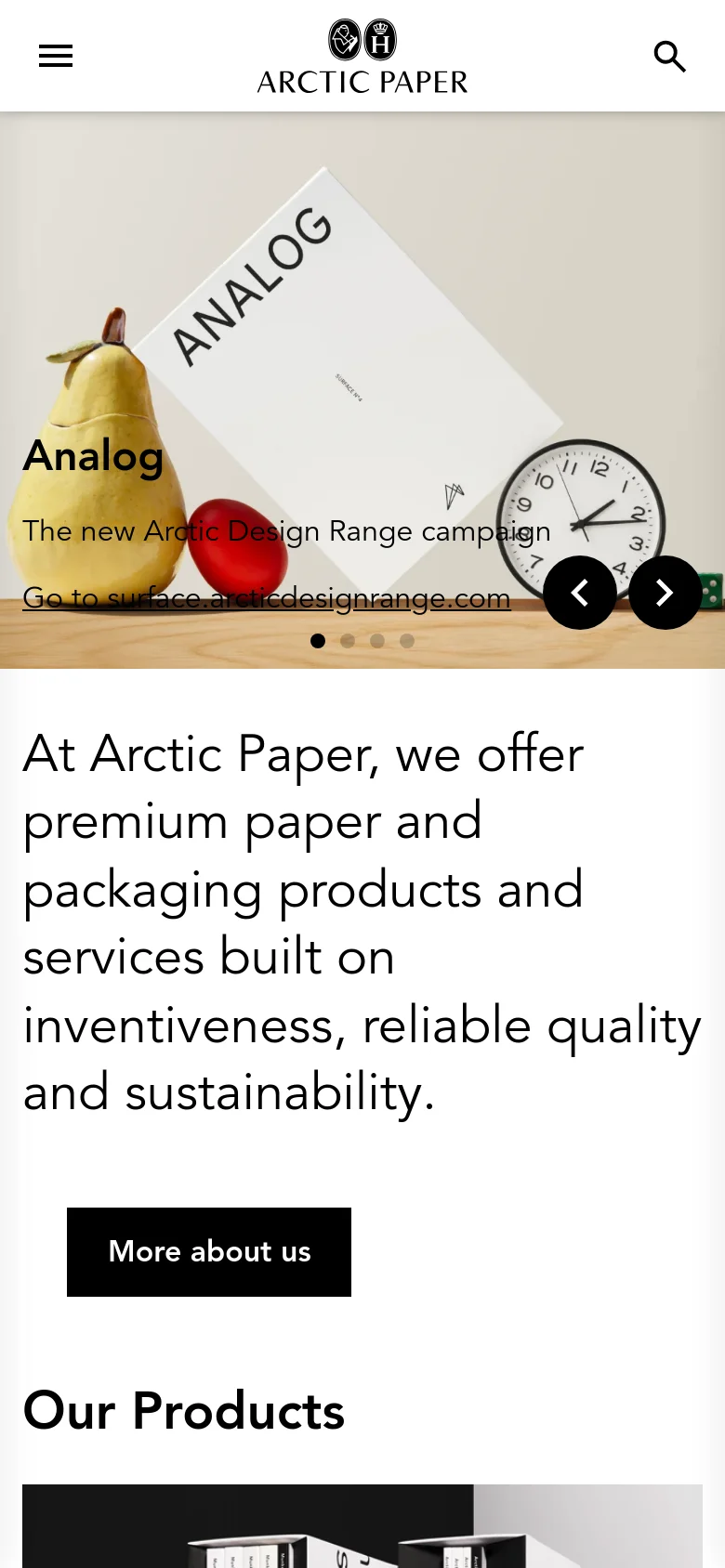 The mobile version features a simplified layout with a hamburger menu and search icon in the header. The hero slider is vertically compressed, showing the 'Analog' campaign imagery and text, followed by a large, single-column text introduction and a 'More about us' button. The product section follows in a vertical stack.