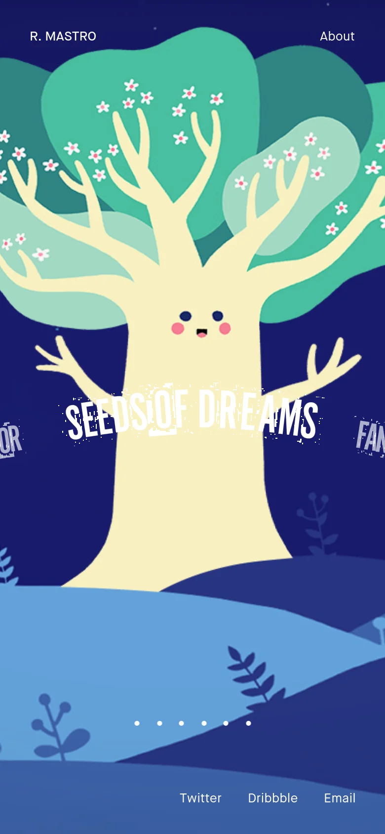 The mobile version presents a vertically oriented, zoomed-in view of the whimsical tree illustration. The 'SEEDS OF DREAMS' text remains centered, while the navigation is simplified to 'R. Mastro' and 'About' at the top, with pagination dots and social links at the bottom.