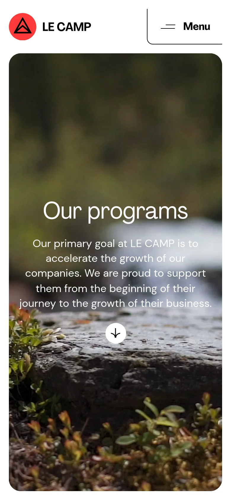 The mobile version displays the same hero imagery and text, but the layout is vertically compressed. The navigation bar is simplified, replacing the red button with a large, prominent 'Menu' button that spans a significant portion of the header width.