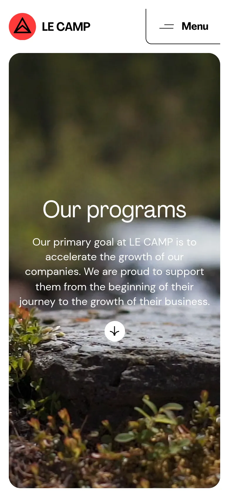 The mobile version displays the same hero imagery and text, but the layout is vertically compressed. The navigation bar is simplified, replacing the red button with a large, prominent 'Menu' button that spans a significant portion of the header width.