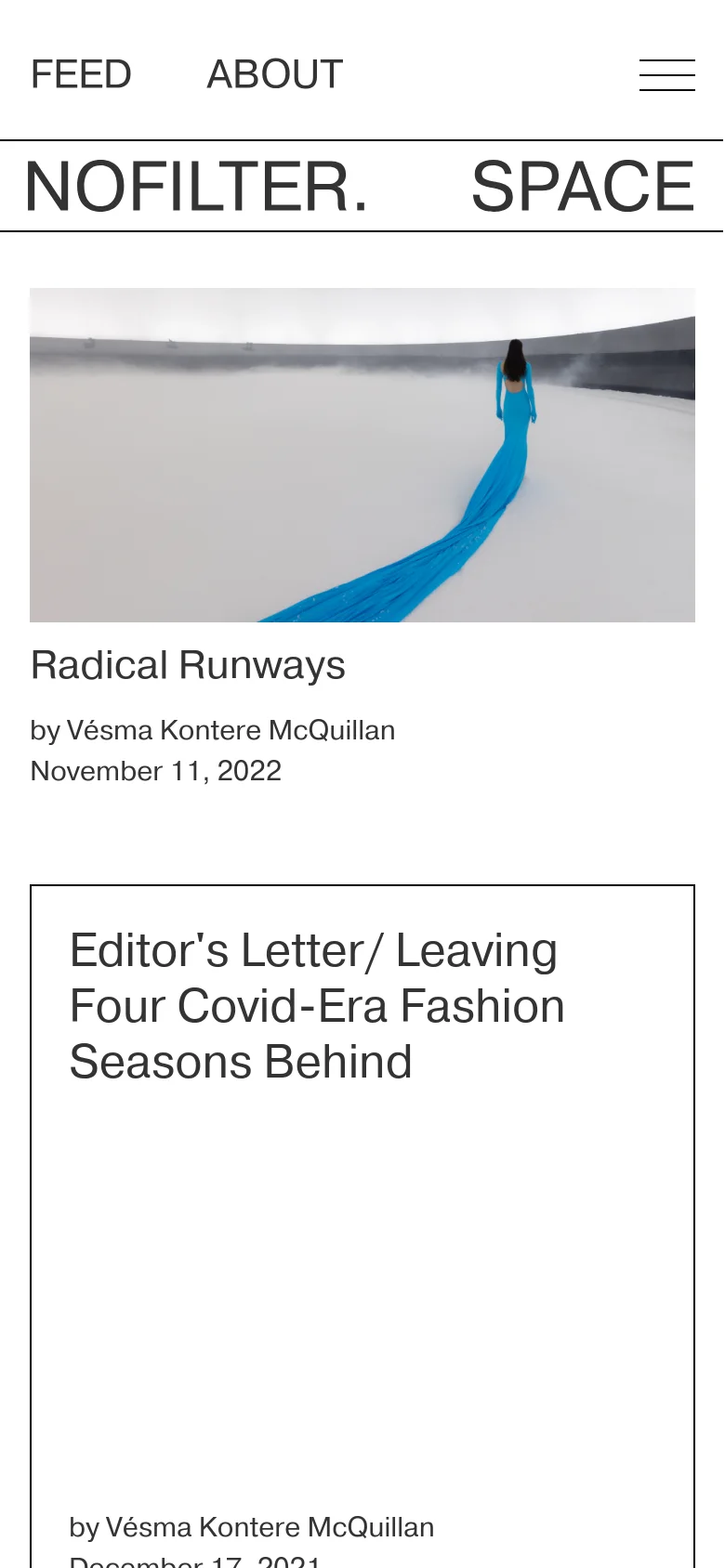 The mobile version simplifies the layout into a single-column vertical scroll. The large 'NOFILTER. SPACE' header remains prominent, but navigation is condensed into a hamburger menu icon next to 'FEED' and 'ABOUT'. The article content, including the 'Radical Runways' hero image and subsequent text blocks, stacks vertically for easier reading on a narrow screen.