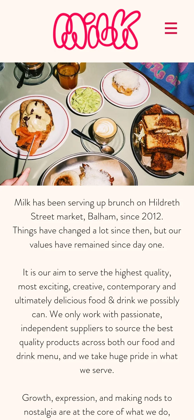 The mobile version displays a centered pink Milk logo with a hamburger menu icon to the right. The hero image is cropped to a tighter view of the brunch dishes, and the text content below is stacked vertically in a single column for easier scrolling on a narrow screen.