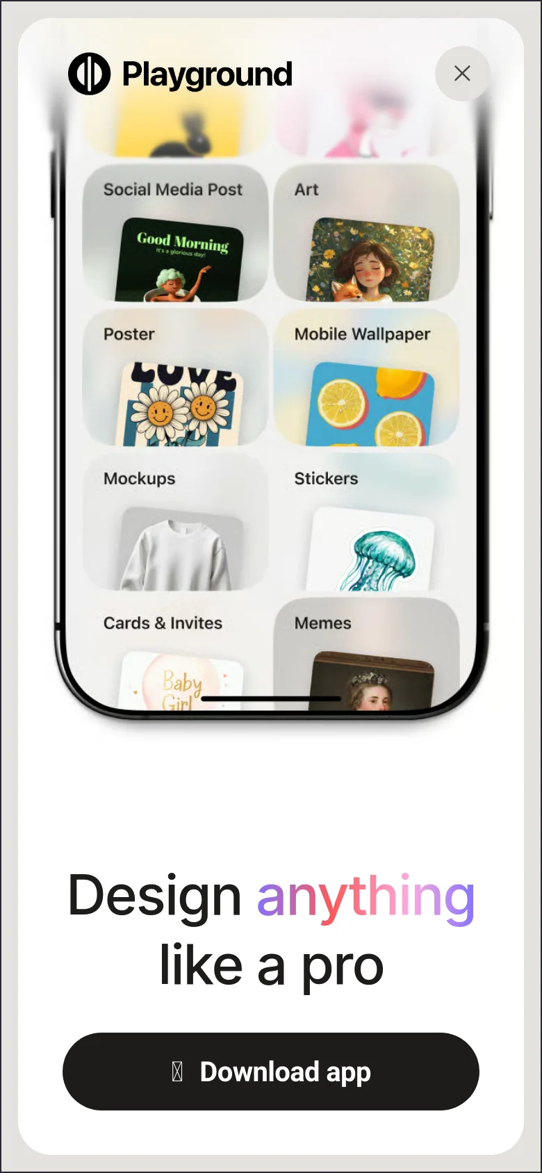 The mobile version presents a simplified vertical layout with the headline 'Design anything like a pro' centered above a large 'Download app' button. Above the headline, a grid of design category tiles such as Social Media Post, Art, and Stickers is visible within a simulated smartphone interface.