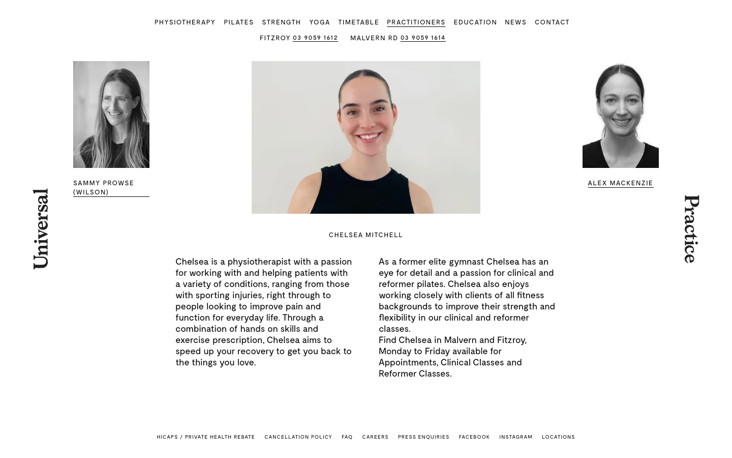 The desktop page features a clean, minimalist layout with a white background and black text. A large hero section displays three portrait photos of practitioners: Sammy Prowse, Chelsea Mitchell (centered and largest), and Alex Mackenzie, arranged horizontally. Below the images, a text section provides biographical details about Chelsea Mitchell, and a navigation menu sits at the top with links like Physiotherapy, Pilates, and Practitioners.