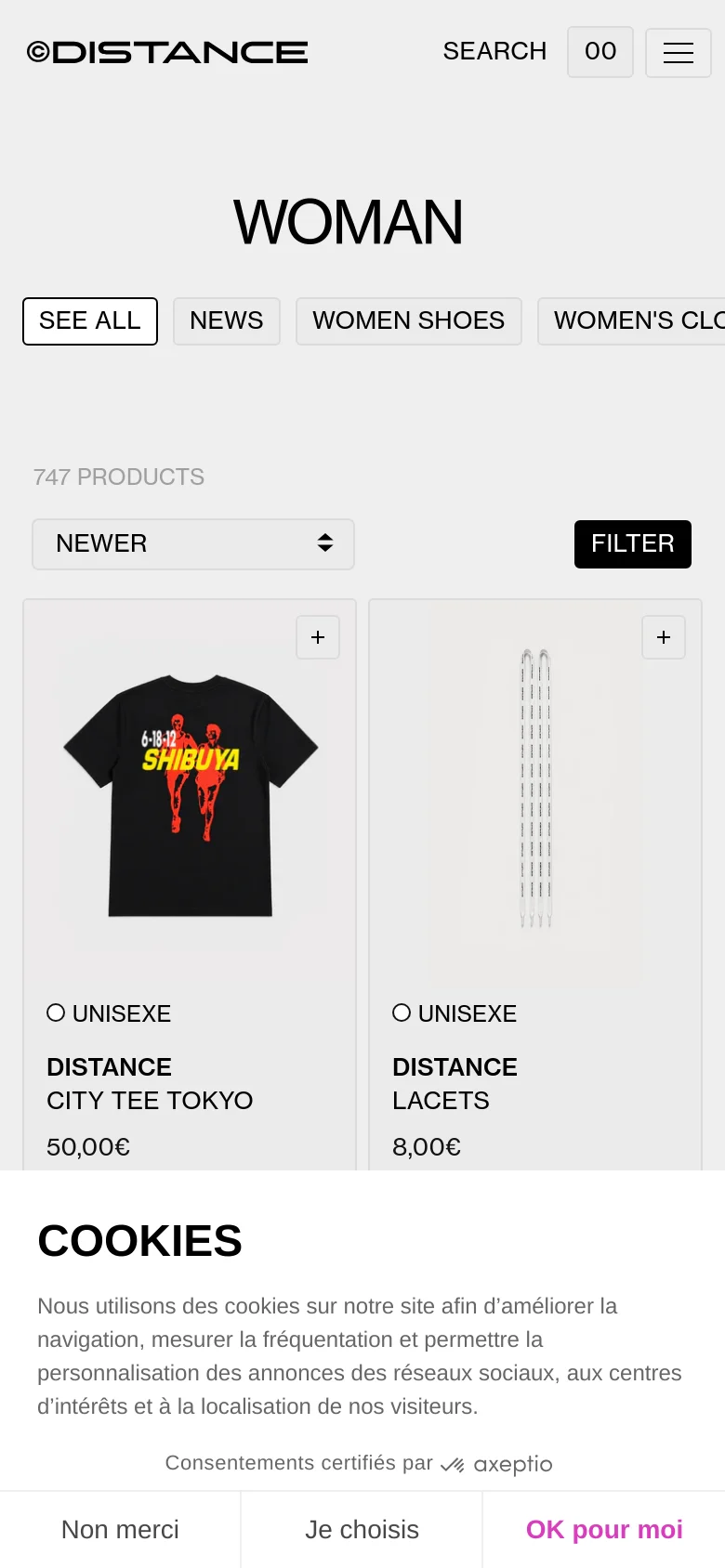 The mobile version presents a vertically stacked layout with the 'WOMAN' heading and a scrollable category menu. The product grid is simplified to a single column of large product images, such as a black t-shirt and white shoelaces, with 'Filter' and 'Newer' sorting options prominently displayed. A large cookie consent overlay covers the bottom portion of the screen.