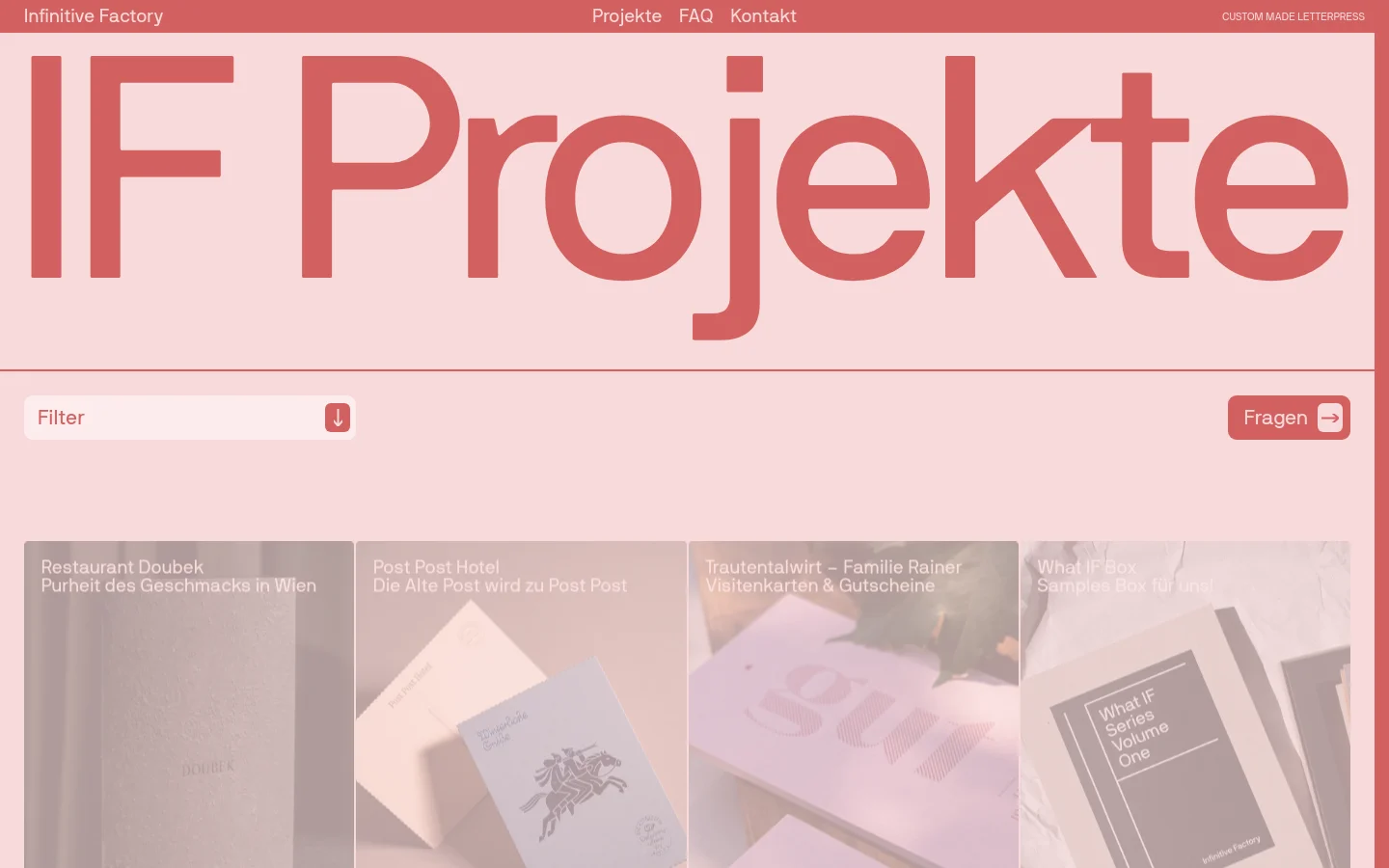 The 'IF Projekte' page features a large, salmon-colored headline on a light background. Below the header, a horizontal filter bar and a 'Fragen' button sit above a grid of project tiles, each containing a high-quality photograph and a title like 'Restaurant Doubek' or 'Post Post Hotel'.