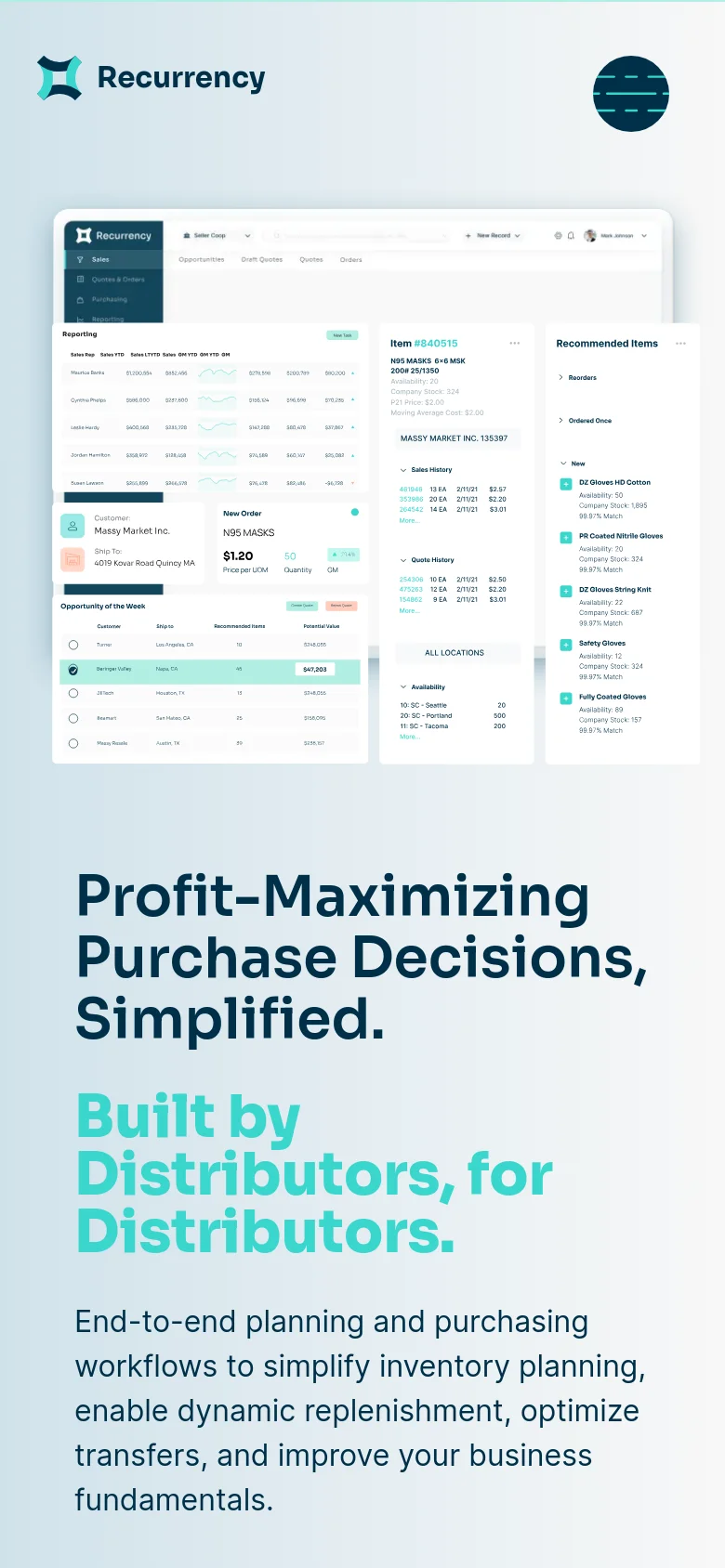 The mobile version presents a vertically stacked layout with the headline and subtext centered above the 'Get Recurrency' button. The software interface mockup is positioned below the main text, and the navigation is condensed, focusing on a streamlined reading experience on a light blue background.