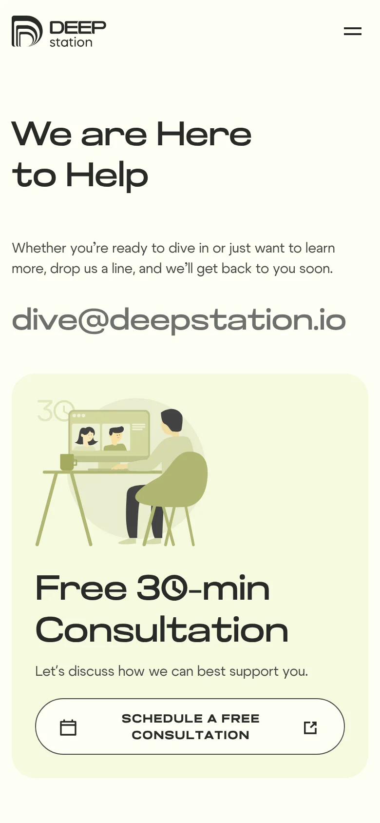 The mobile version uses a single-column vertical layout optimized for smaller screens. The headline and text are centered at the top, followed by the email address, and then the consultation card which spans the width of the screen, featuring the illustration and call-to-action button stacked vertically.