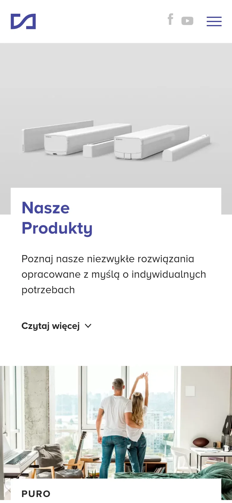 The mobile version uses a single-column vertical layout optimized for small screens. The hero section stacks the text 'Nasze Produkty' and its description above a wide image of the white ventilation products. The header is condensed, featuring a hamburger menu icon on the right and social media icons for Facebook and YouTube.