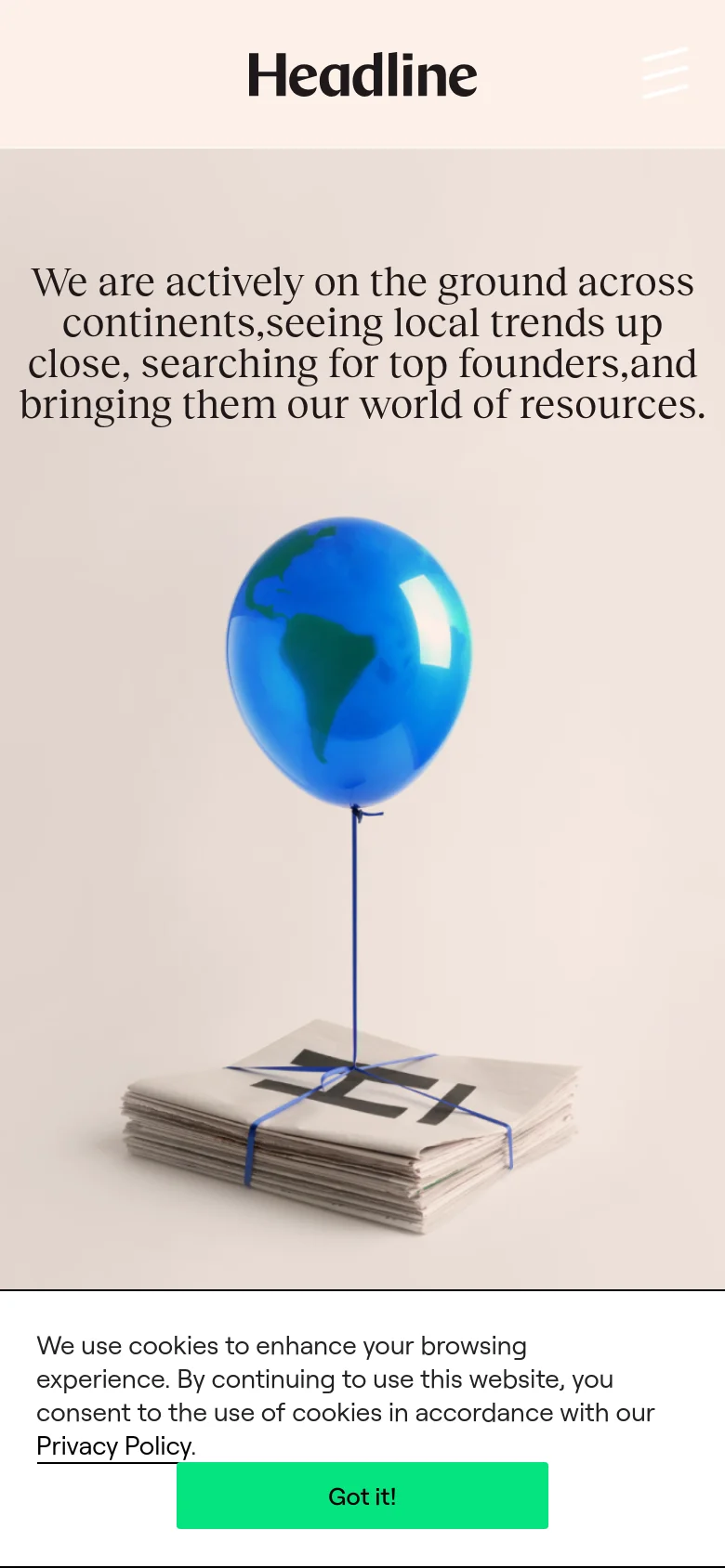 The mobile version presents a simplified vertical layout with the Headline logo and a hamburger menu icon at the top. The hero section maintains the large headline and the globe balloon imagery, but the text and elements are scaled to fit a narrower screen width.